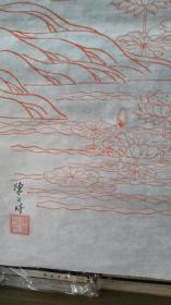 四尺木刻朱砂红印《童子拜观音》