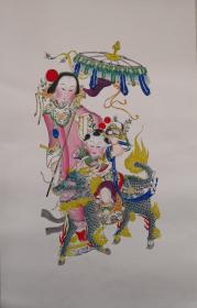 稀见！清代版七八十年代印杨柳青木刻木版年画版画*半印半绘侍女图之麒麟童子