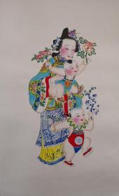 稀见！清代版七八十年代印杨柳青木刻木版年画版画*半印半绘侍女图之折桂童子