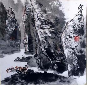 郭公达山水画镜片装裱，画芯尺寸44*45厘米，暂时估价！山溪图1984年代表作品。