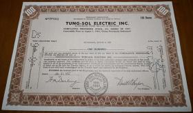 [老股票 美国]  1957年美国东溶胶电力公司股票 Tung-sol Electric Inc.  单枚  雕刻版