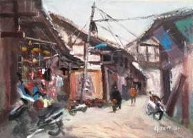 ●大美风景：原作《偏岩古镇》（水粉画）王桂林绘【重庆美协会员（尺寸53X38公分）】！