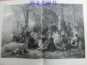 【现货 包邮】1885年巨幅木刻版画《林中野餐》（Picknick im Wasde） 尺寸约54.2*40.8厘米（货号 18028）