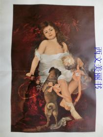 【现货 包邮】1890年巨幅套色木刻版画《可爱的女孩和宠物》Mein Liebling 尺寸约56*41厘米 （货号 M1）