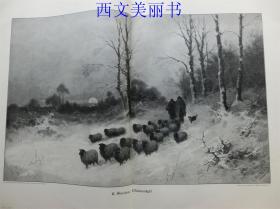【现货 包邮】1890年巨幅木刻版画《冬季牧歌》( Winteridyll)    尺寸约56*41厘米 （货号 18030）