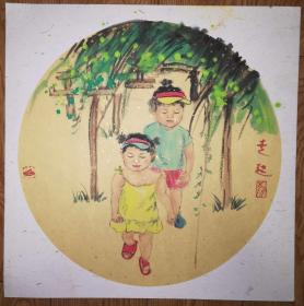 手绘真迹国画：天津市美协会员李娥《走起》卡纸镜心