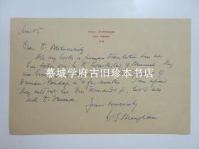 英国现代大作家毛姆订制信封/纸（带有其特殊标记）、亲笔信一封 WILLIAM SOMERSET MAUGHAM （1874-1965）