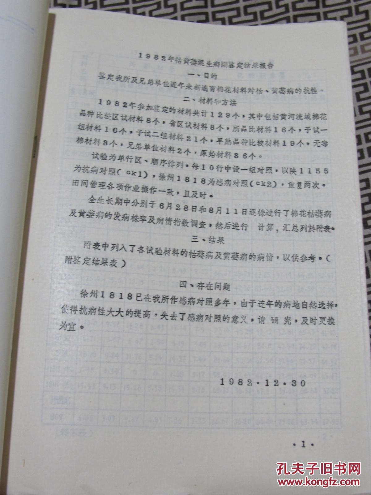 1982年枯黄萎混生病圃鉴定结果报告