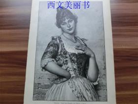 【现货 包邮】1893年木刻版画《玛丽埃塔》美女肖像（Marietta ） 尺寸约40.8*27.5厘米（货号 18029）