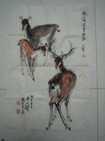 中国美协理事李延声国画《三鹿图》，45cm*68cm