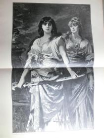 【现货 包邮】1890年巨幅木刻版画《朱迪斯》手拿利刃、英姿飒爽（Judith）尺寸约56*41厘米 （货号100385）