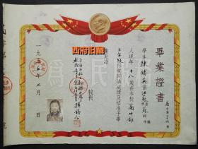 1955年，上海市私立新联中学毕业证书，原照原印