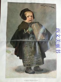 【现货 包邮】1890年巨幅套色木刻版画《慕尼黑小男孩》Müchener Kind 尺寸约56*41厘米 （货号 M1）