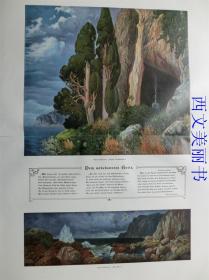 【现货 包邮】1890年巨幅套色木刻版画《美景图》( Ideale Landschaft )    尺寸约56*41厘米 （货号 18030）
