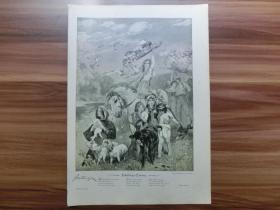 【现货 包邮】1900年木刻版画《春天来了》美女、天使、白马、花开（Frühlings Einzug）  尺寸约41*29厘米（货号300191）