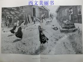 【现货 包邮】1890年巨幅木刻版画《一只猪的命运》追猪姑娘们（Das Schwein ist los！） 尺寸约56*41厘米 （货号 18026）