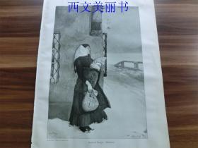 【现货 包邮】1890年平版印刷画 《无家可归》 OBDACHLOS 尺寸约41*28厘米（货号 M1）