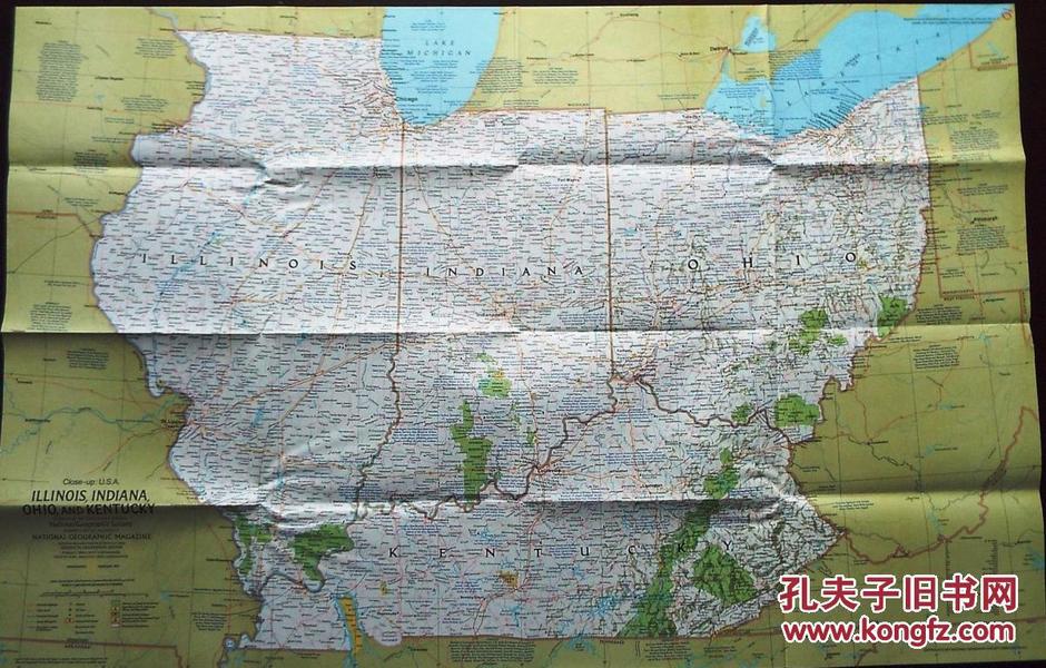 现货 national geographic美国国家地理地图1977年2月 特写：美国伊利诺伊州，印第安那州，俄亥俄州，肯塔基州