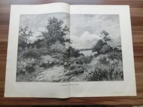 【现货 包邮】1890年巨幅木刻版画《夏日的傍晚，牧途》（Sommerabend）  尺寸约41*56厘米（货号300224）