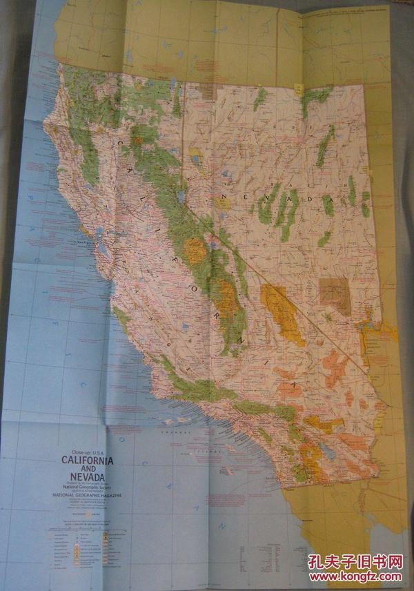 现货 national geographic美国国家地理地图1974年6月Close-up: U.S.A.: California, Nevada特写：美国加利福尼亚，内华达