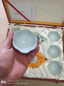 河南汝州汝窑精品手工月白釉成套茶具带包装赠送系列