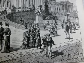 【百元包邮】1884年巨幅木刻版画《维也纳议会大厅》 ( Theophil Hansens parlamentspalast in Wien )  尺寸约54.2*40.8厘米（货号M5）