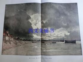 【现货 包邮】1900年巨幅平版印刷画《诺曼底海岸》 An der normannischen Küste  尺寸约56*41厘米 （货号 18022）