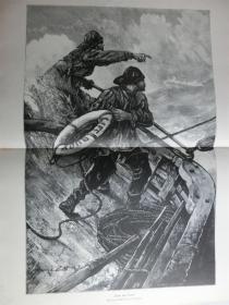 【现货 包邮】1884年巨幅木刻版画《有人落水》 ( mann über Bord ) 尺寸约54.2*40.8厘米（货号M5）