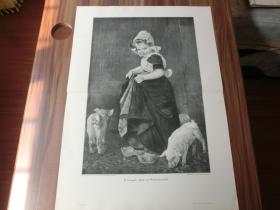 【现货 包邮】1900年巨幅木刻版画《乡村猪圈》 （Idyll im Schweinestall）尺寸约56*41厘米 （货号 300853）