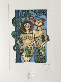 乌克兰阿卡迪ArkadyPugachevsky版画藏书票原作《亚当夏娃》