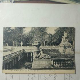 1900~1930s法国实寄明信片，封面为尼姆的泉边公园，罗马浴室