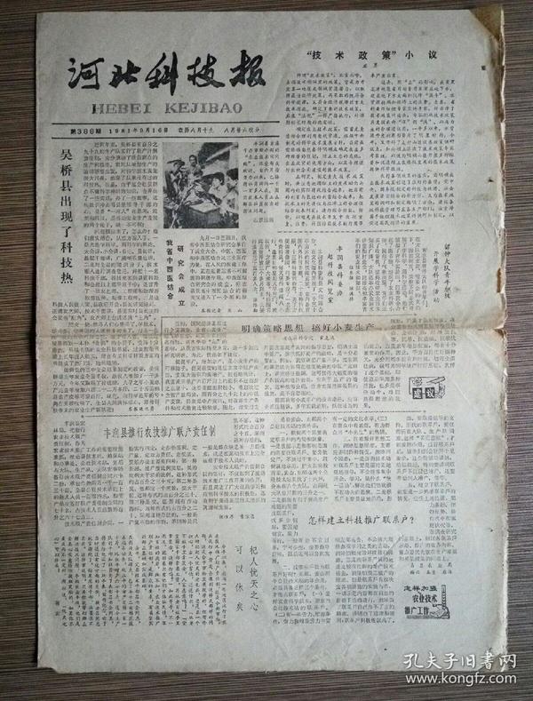 河北科技报 1981年9月16日总388期（次声-威胁生命之声、饮茶宜与禁、雀斑、风力发电机、修补塑料制品、化肥知识）