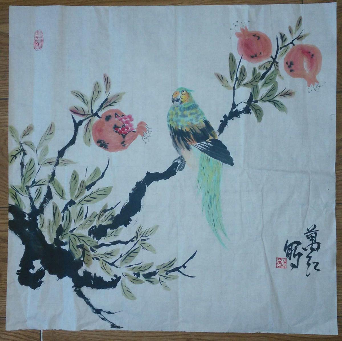 手繪真跡國畫：李萬紅花鳥畫（三尺斗方）