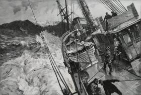 1886年巨幅木口木刻版画《比斯开湾的风暴》57×41厘米