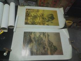 名人名画  明代朱端 松院闲吟图 清代袁江沉香亭图  两张合售   印刷品。