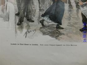 【现货 包邮】1890年套色木刻版画《伦敦街道》(verkehr in fleet street in London)  尺寸约41*29厘米（货号100117）