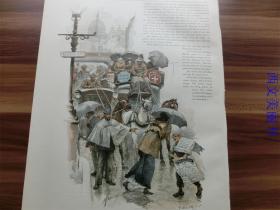 【现货 包邮】1890年套色木刻版画《伦敦街道》(verkehr in fleet street in London)  尺寸约41*29厘米（货号100117）