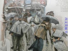 【现货 包邮】1890年套色木刻版画《伦敦街道》(verkehr in fleet street in London)  尺寸约41*29厘米（货号100117）