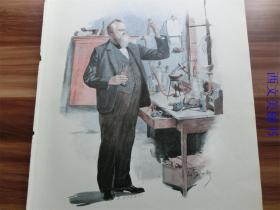 【现货 包邮】1890年套色木刻版画《化学家阿尔伯特·尼曼》（kammersanger albert niemann als chemiker）  尺寸约41*29厘米（货号 18026）