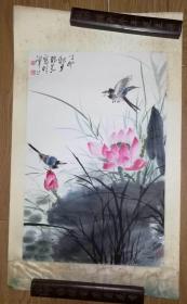 手绘真迹国画：天津市美协会员刘维义花鸟画《秋月》手裱镜心
