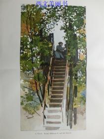 【现货 包邮】1890年巨幅套色木刻版画《威廉二世享受短暂假期》（Kaiser Wilhelm Ⅱ. auf der Kanzel）  尺寸约56*41厘米 （货号 18033）