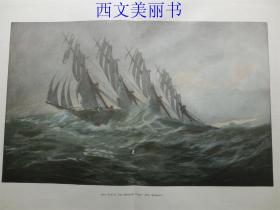 【现货 包邮】1890年巨幅平版印刷画《四桅大帆船“彼得·瑞克麦斯号”》（Der viermastige Klipper “Peter Rickmers”）  尺寸约56*41厘米 （货号 18033）