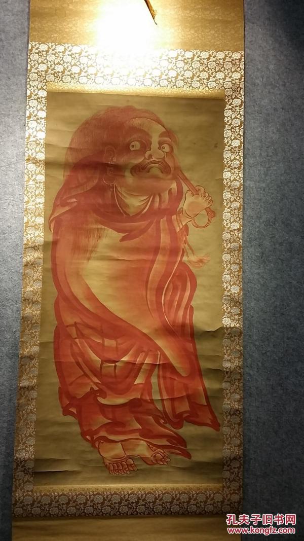 Z 593号 大幅清末民国骨质轴头纸本（无款佚名 /有印：藤绳？）手绘红衣罗汉 包老包真！（是否朱砂绘制？）
