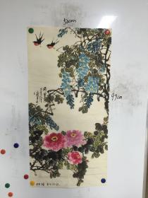 山东省著名画家韩纪友 精美花鸟国画一幅  50CM*99CM  保真