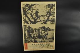 （特7451）史料《活跃的登陆部队》  1937年9月5日 图为公园树上的日军斥候及被摧毁的根据地 。东京日日写真特报 新闻宣传页老照片 东京日日新闻社发行