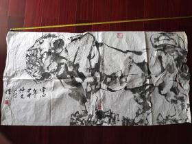 广东已故著名青年书画家，漫画家刘一行写意动物《老虎》之四，136cm*68cm