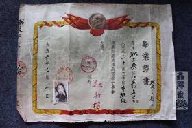 1956年 毕业证书 毛主席头像 带照片 江苏省泰兴县第一棉纺织厂职工业余夜校