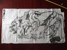 广东已故著名青年书画家，漫画家刘一行写意动物《老虎》之五，136cm*68cm