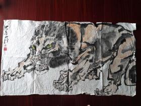 广东已故著名青年书画家，漫画家刘一行写意动物《狮》之六，123cm*68cm