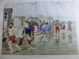 【现货 包邮】1890年套色木刻版画《男士沙滩场景》Scene vom Herrenbadestrande in Norderny 尺寸约41*28厘米（货号 18016）